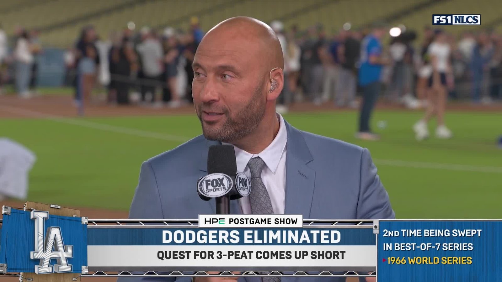 Derek Jeter speaks on FOX’s postgame set at Dodger Stadium after the Dodgers’ NLCS elimination.