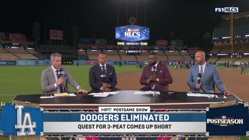 Kevin Burkhardt, Alex Rodriguez, David Ortiz and Derek Jeter discuss the Dodgers’ elimination on FOX’s set at Dodger Stadium.