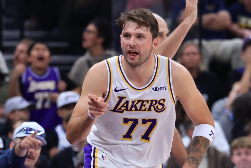 Luka Dončić reacts and points during the Lakers’ October 25 game against Utah.