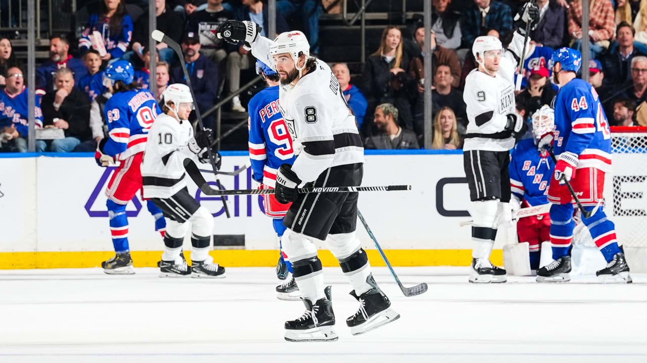 Drew Doughty raises his glove while celebrating a Kings goal against the Rangers at Madison Square Garden on October 26, 2026.