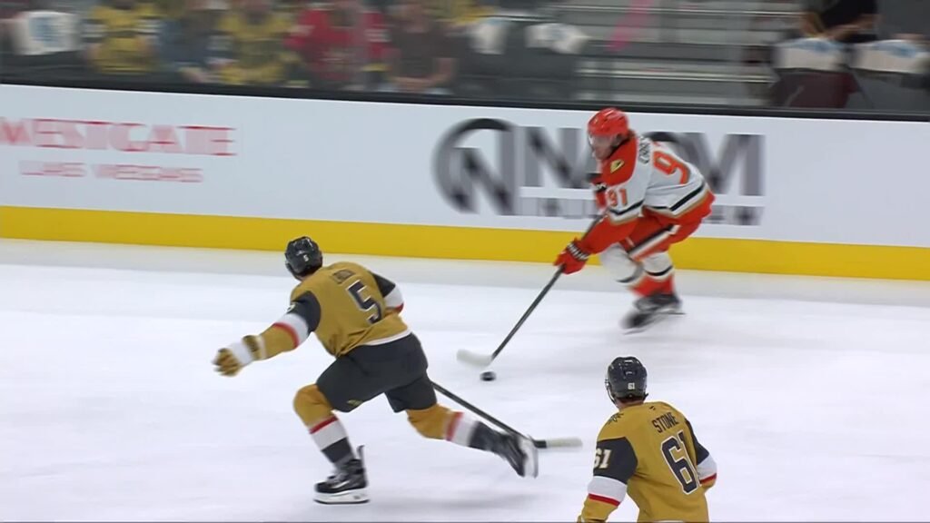 Leo Carlsson carries the puck against Vegas during Anaheim’s October 2, 2026 game.