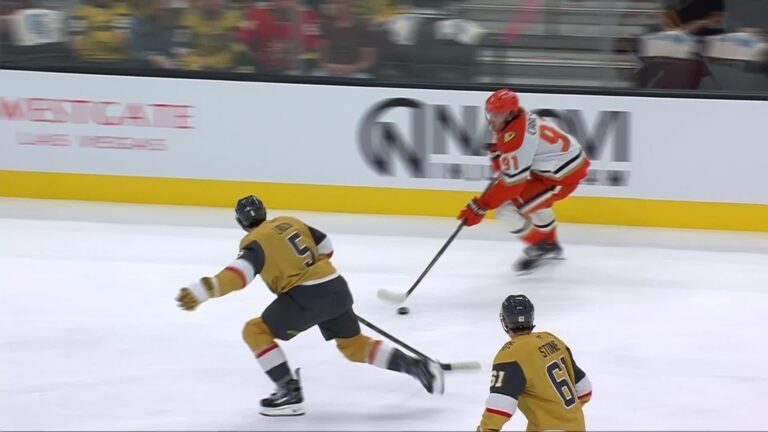 Leo Carlsson carries the puck against Vegas during Anaheim’s October 2, 2026 game.