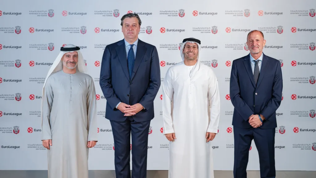 Four representatives pose at the announcement of Abu Dhabi’s EuroLeague Final Four hosting agreement.
