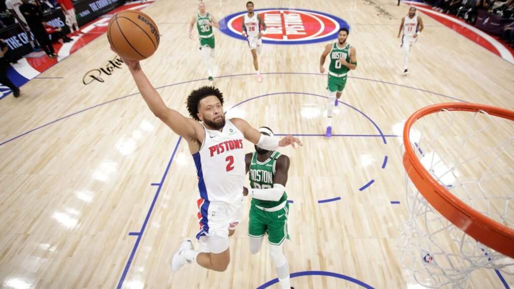 Cade Cunningham drives toward the basket for Detroit against Boston at Little Caesars Arena on October 20, 2026.
