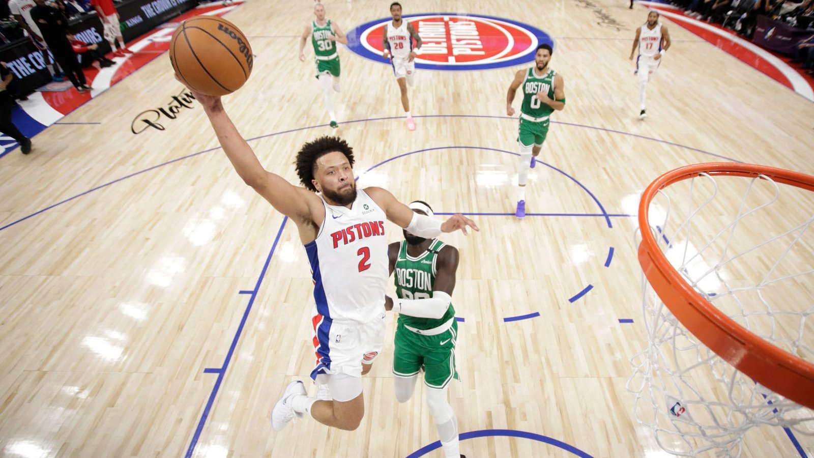 Cade Cunningham drives toward the basket for Detroit against Boston at Little Caesars Arena on October 20, 2026.