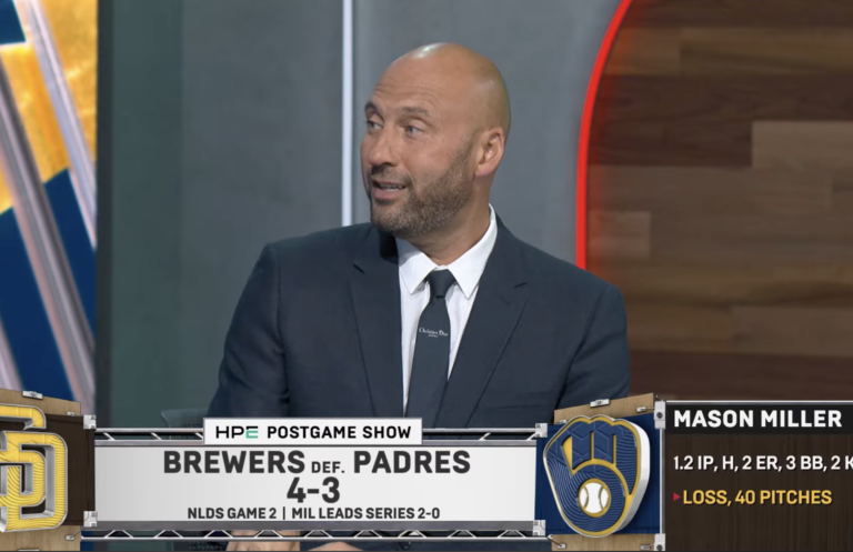 Derek Jeter speaking on FOX&rsquo;s baseball postgame show with Brewers&ndash;Padres broadcast graphics.