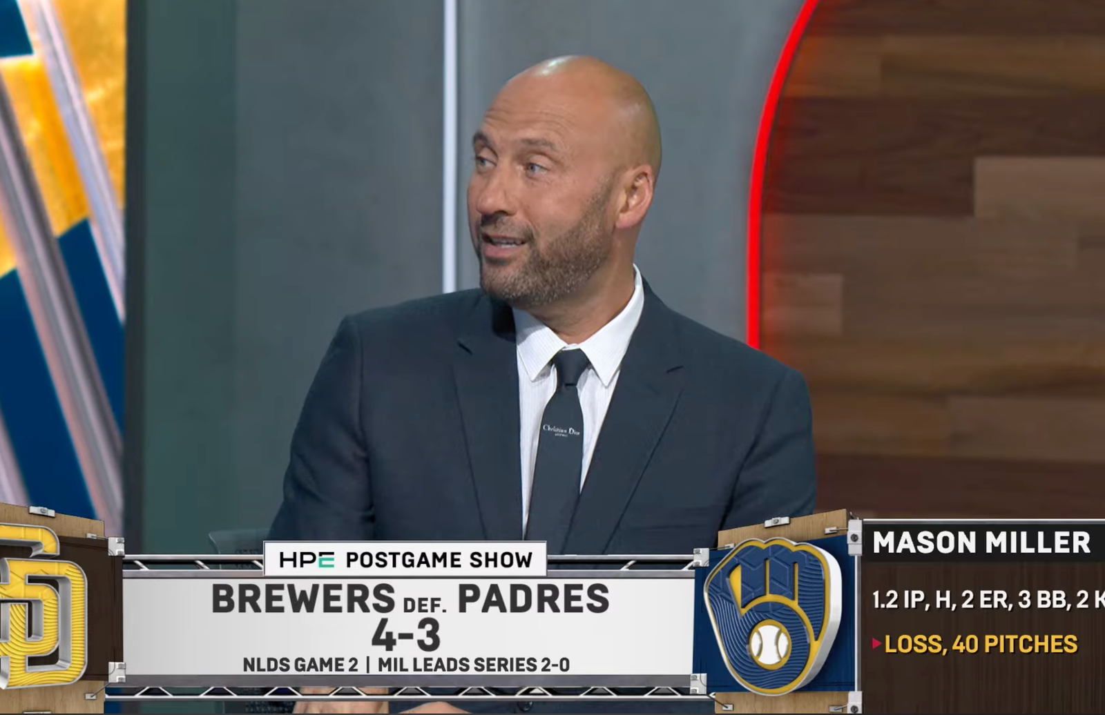 Derek Jeter speaking on FOX’s baseball postgame show with Brewers–Padres broadcast graphics.