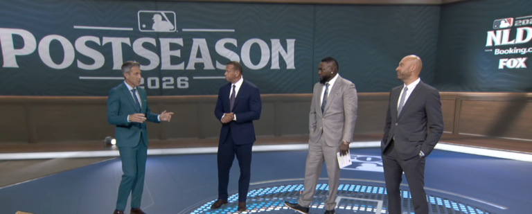 Alex Rodriguez, David Ortiz and Derek Jeter stand with the FOX Sports host on the postseason studio set.