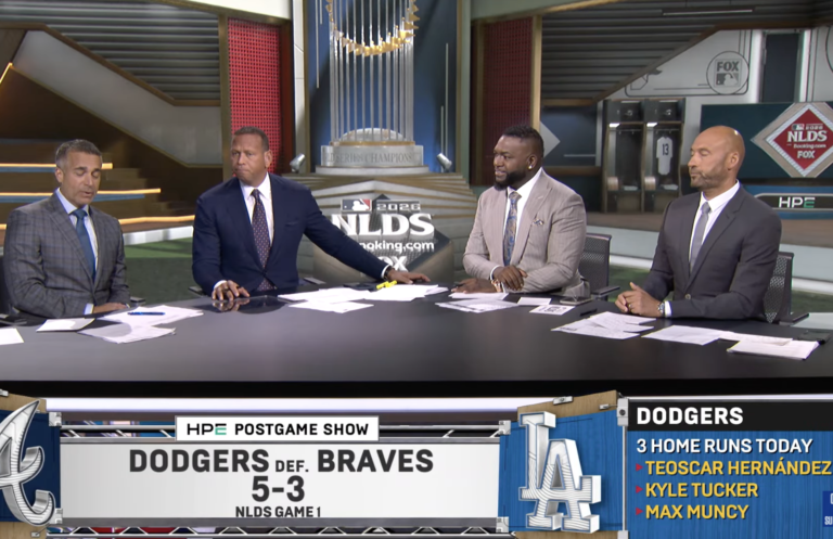 Alex Rodriguez, David Ortiz and Derek Jeter on FOX’s postgame set after the Dodgers’ 5–3 win over Atlanta on October 3, 2026.