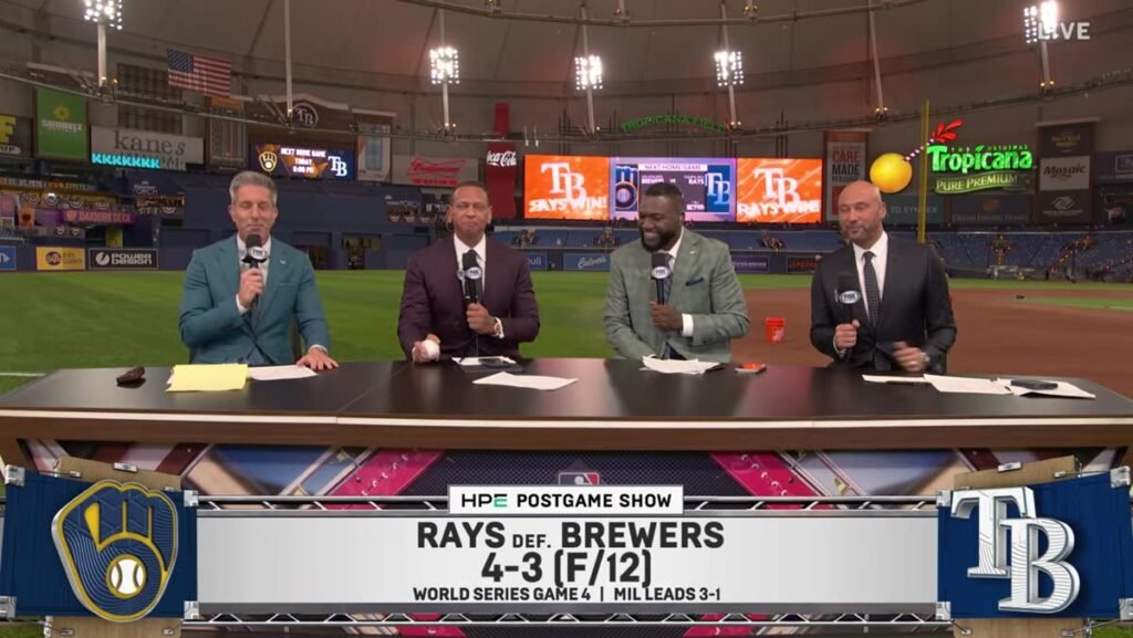 Kevin Burkhardt, Alex Rodriguez, David Ortiz and Derek Jeter at FOX’s desk after the Rays’ Game 4 win.