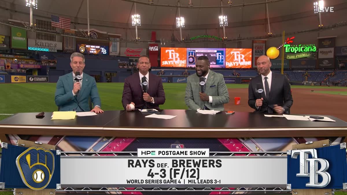 Kevin Burkhardt, Alex Rodriguez, David Ortiz and Derek Jeter at FOX’s desk after the Rays’ Game 4 win.