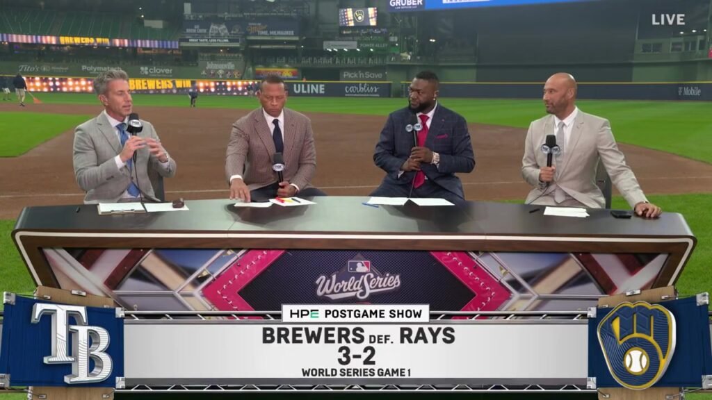 Kevin Burkhardt, Alex Rodriguez, David Ortiz and Derek Jeter at the FOX desk after Milwaukee won World Series Game 1, 3–2.