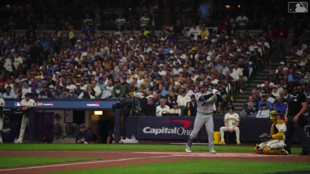Liam Hicks follows through on his first-inning two-run home run in World Series Game 2 at American Family Field on October 24, 2026.