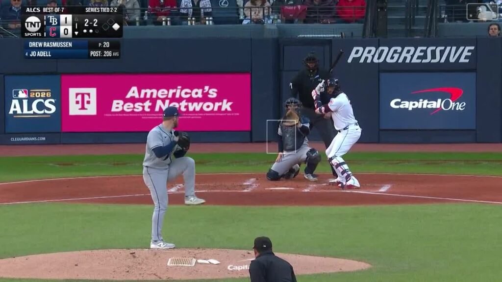 Drew Rasmussen delivers a pitch to Cleveland’s Jo Adell in the first inning of ALCS Game 5 on October 18, 2026.