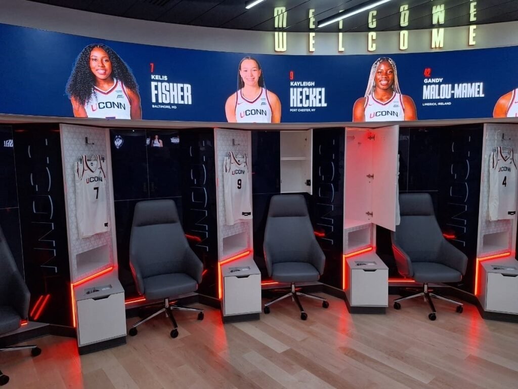 Renovated basketball lockers at M&T Bank Center at Gampel Pavilion during the October 23, 2026 media tour.
