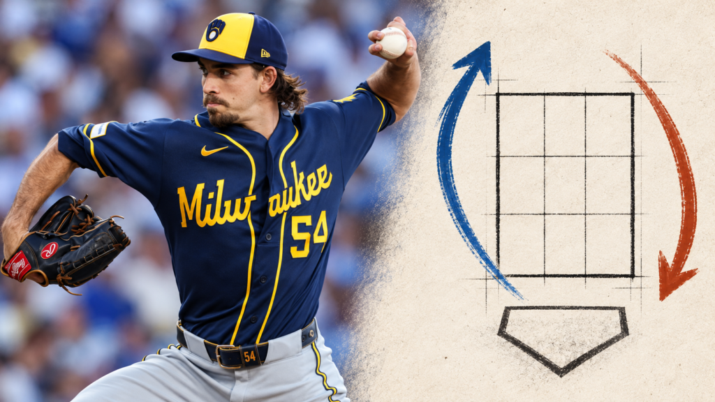Robert Gasser in a Milwaukee uniform beside an illustrative strike zone, home plate and pitch paths.