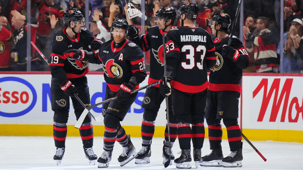 Claude Giroux celebrates his goal with Ottawa teammates against Florida.
