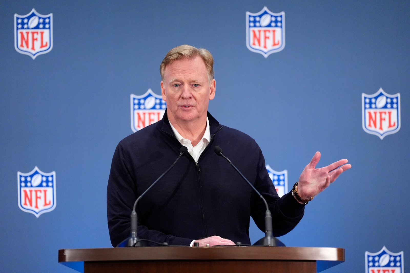 Roger Goodell speaks at a podium during the NFL owners’ meetings in New York on October 21, 2026.