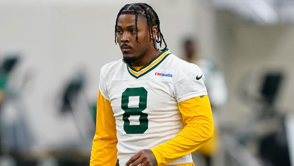 Josh Jacobs wearing No. 8 at Packers practice in Green Bay on June 9, 2026.