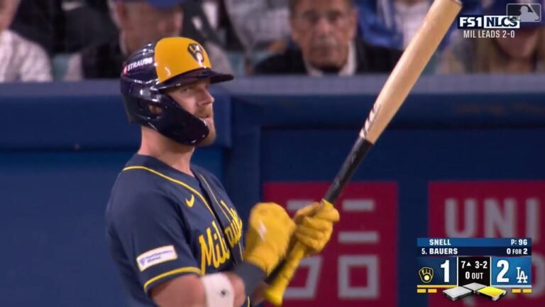 Jake Bauers holds his bat at the plate during NLCS Game 3 on October 14, 2026.
