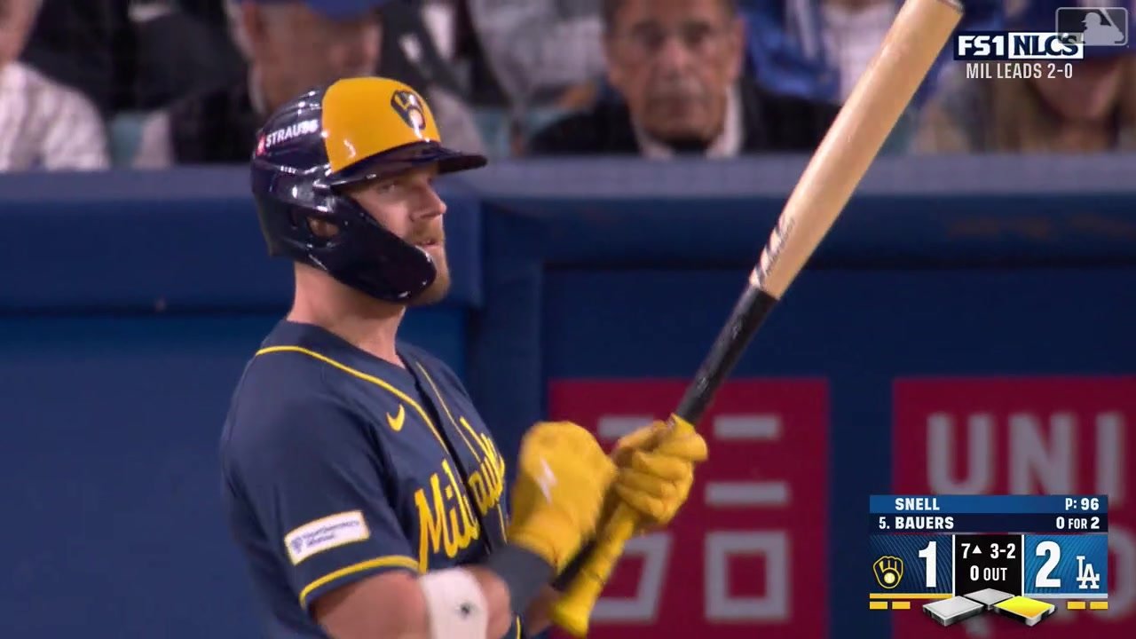 Jake Bauers holds his bat at the plate during NLCS Game 3 on October 14, 2026.