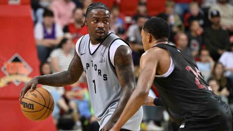 Jamal Shead works against Nimari Burnett at Toronto Raptors training camp in Quebec City on October 1, 2026.