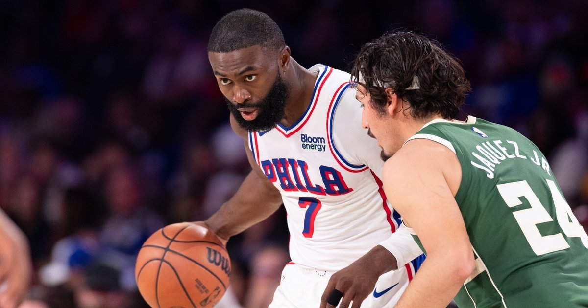 Jaylen Brown dribbles against Jaime Jaquez Jr. in Philadelphia’s October 24 game against Milwaukee.