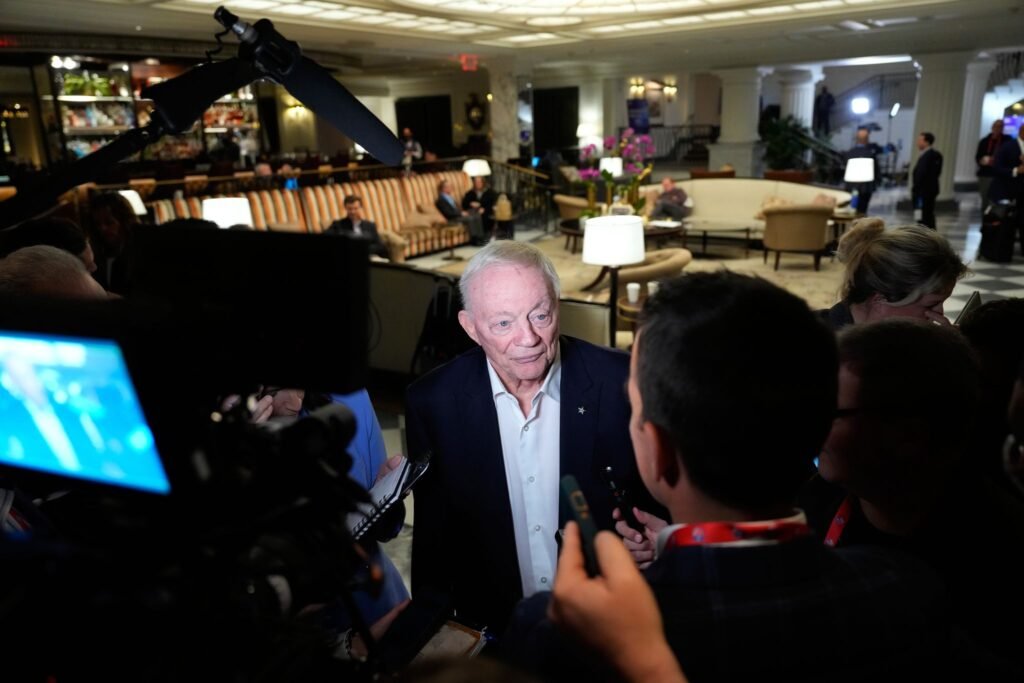 Jerry Jones speaks with reporters after the NFL owners’ meeting in New York on October 21, 2026.