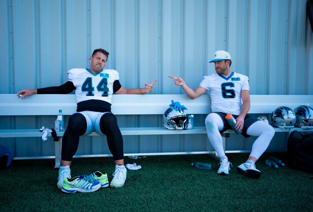 JJ Jansen, number 44, and Sam Martin, number 6, at Panthers practice.