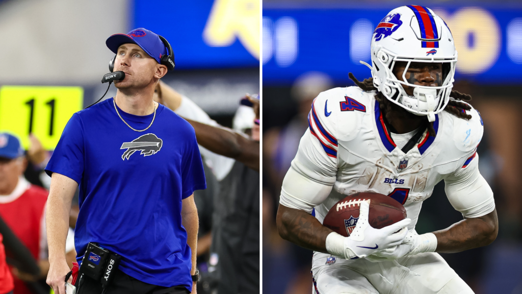 Two photographs: Joe Brady on the Rams-game sideline, left, and James Cook carrying the ball, right.