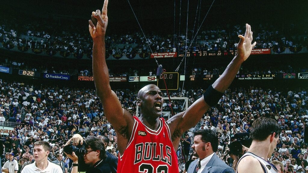 Michael Jordan celebrates after the 1998 NBA Finals.