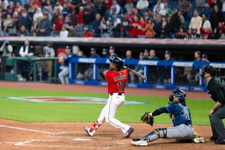José Ramírez follows through on a swing for Cleveland in April 2026.