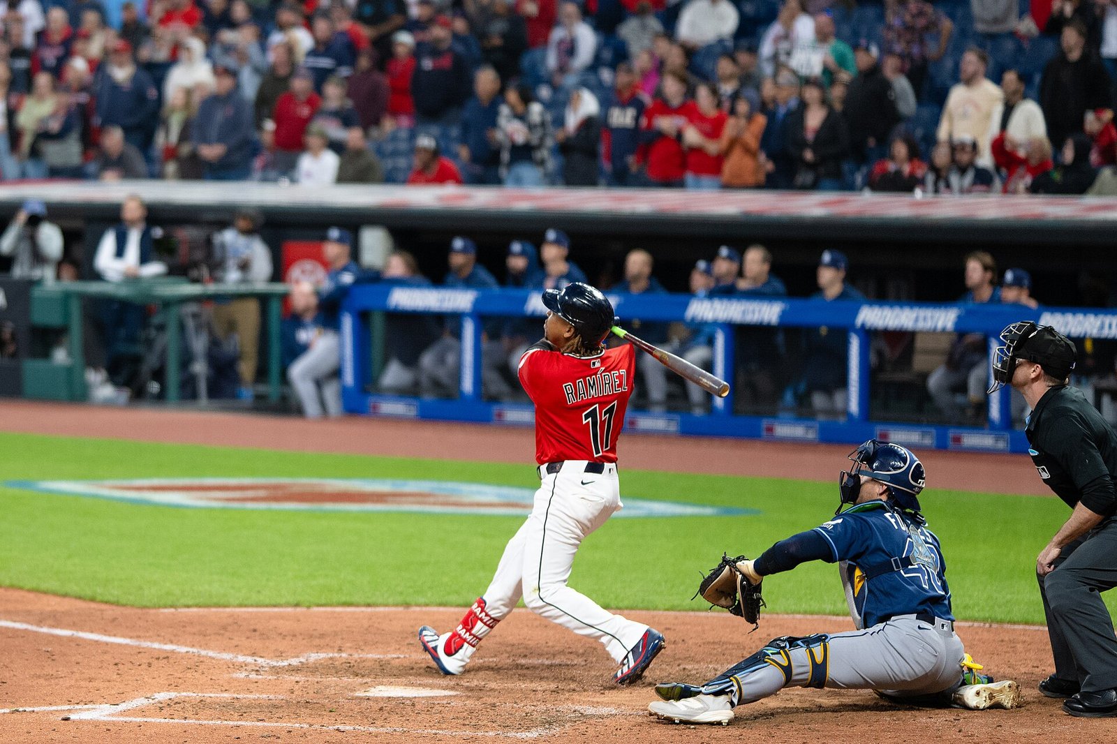 José Ramírez follows through on a swing for Cleveland in April 2026.