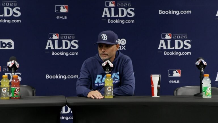Kevin Cash at the press conference after Rays–Yankees ALDS Game 1
