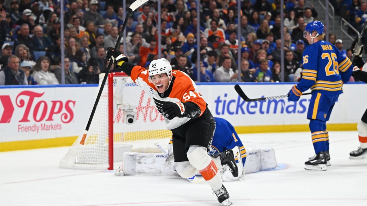 Cole Knuble celebrates his first NHL goal for Philadelphia against Buffalo at KeyBank Center.