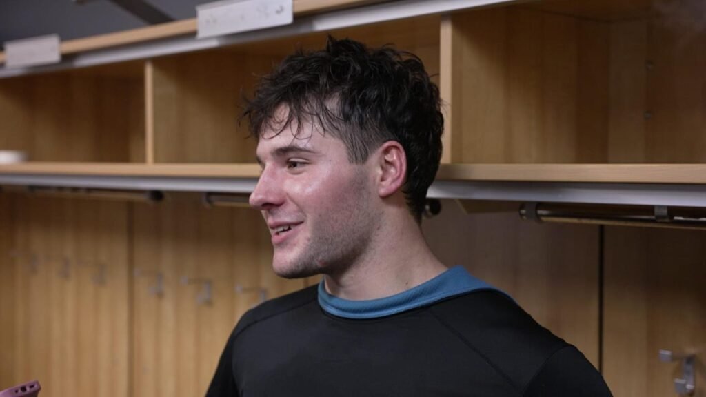 Cole Knuble speaks in the locker room after the Flyers’ win at Buffalo.