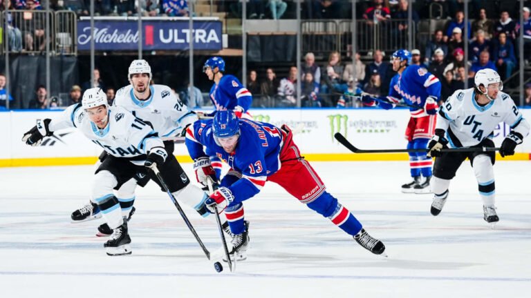 Alexis Lafrenière plays the puck against Utah during the Rangers’ October 4, 2026 game at Madison Square Garden.