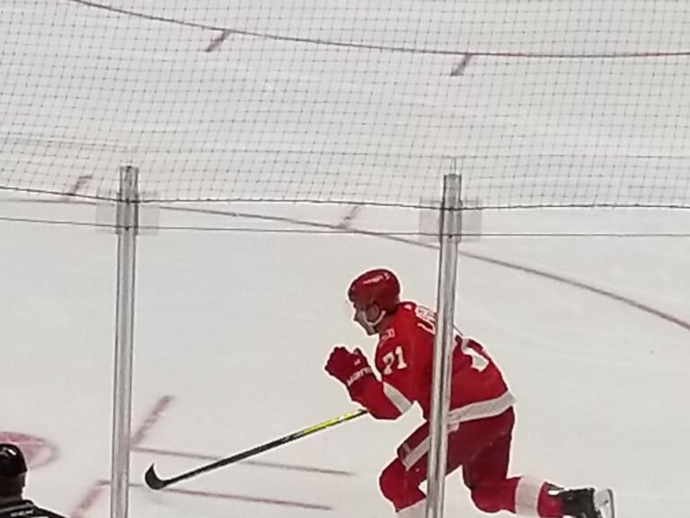 Dylan Larkin skates on the ice in Detroit’s red number 71 jersey.