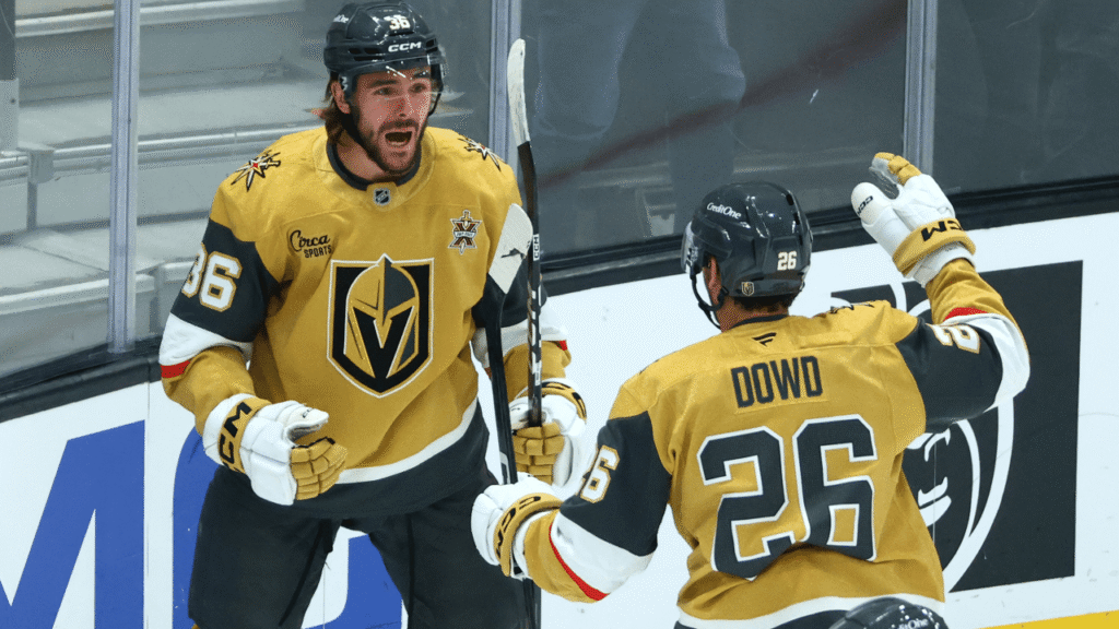 Golden Knights teammates celebrate during the October 27 Senators game.