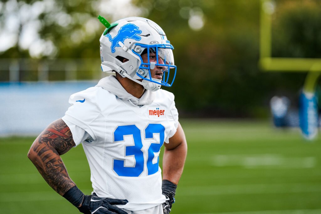 Brian Branch wearing No. 32 at Lions practice on October 7, 2026.