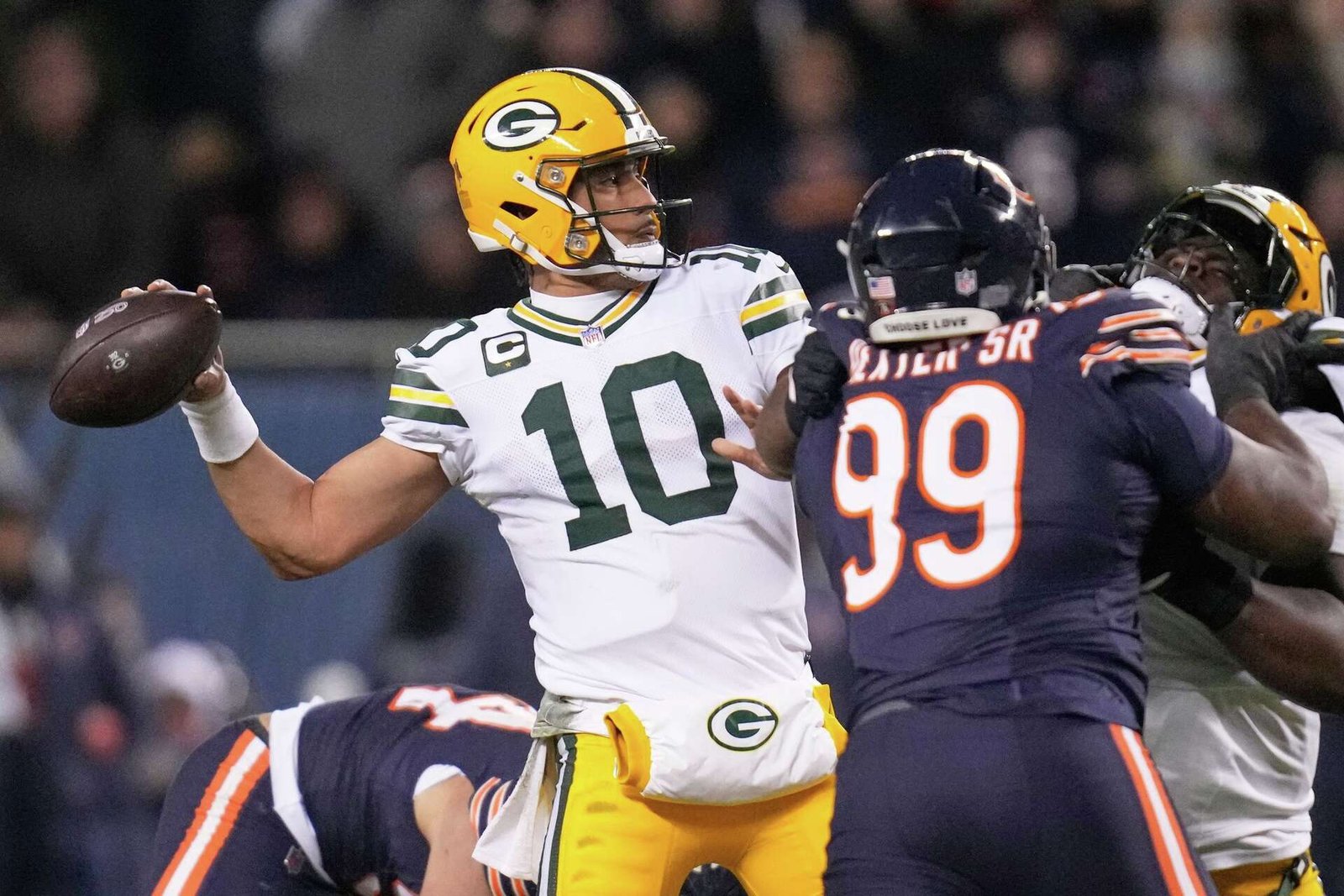 Jordan Love throwing a pass against Chicago during the January 10, 2026 playoff game. File photograph.