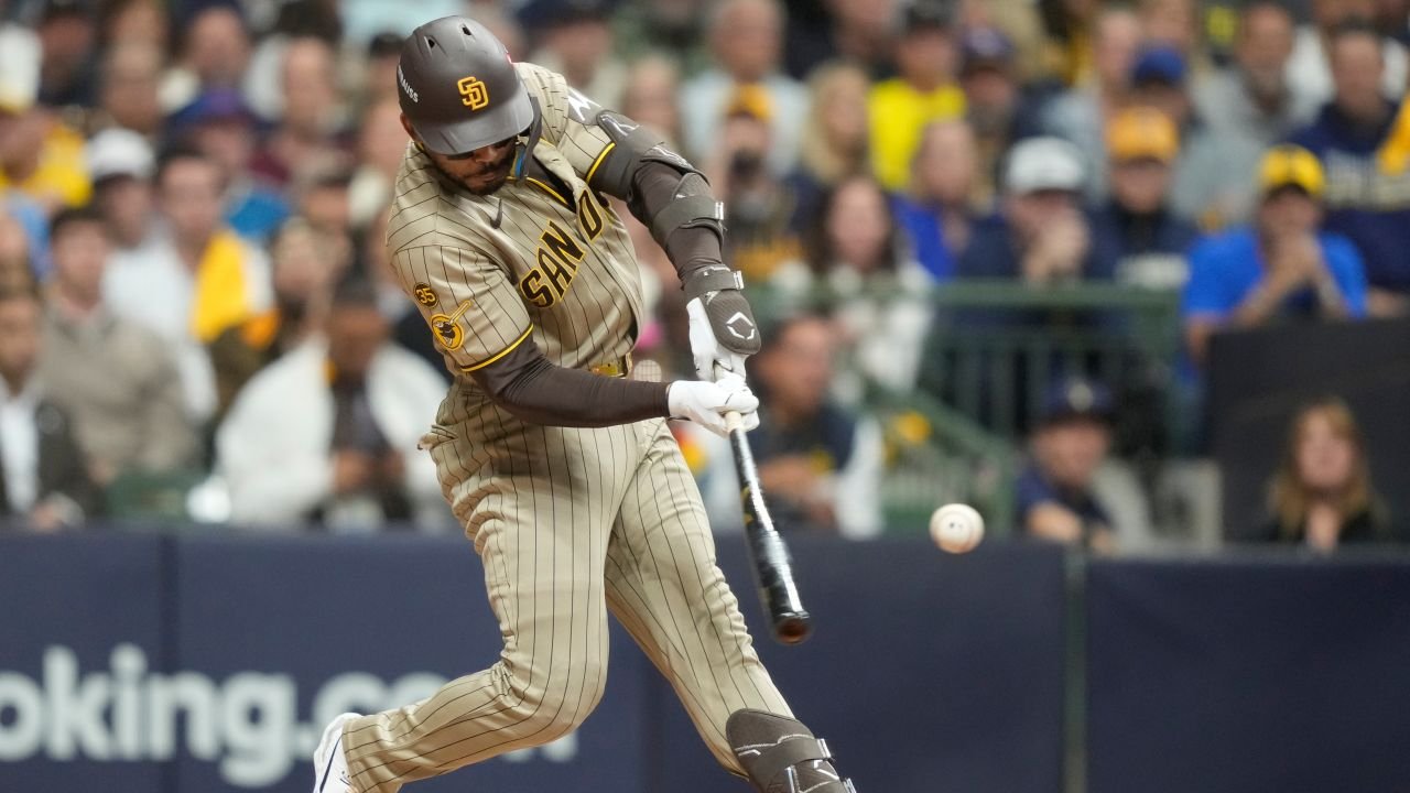 Luis Campusano swings during Padres–Brewers NLDS Game 1 at American Family Field on October 3, 2026.