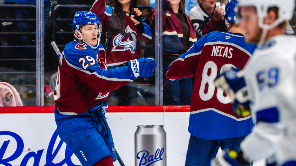 Nathan MacKinnon and Martin Necas during Colorado’s game against Tampa Bay at Ball Arena.