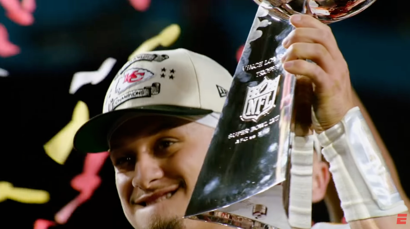 Patrick Mahomes holds the Lombardi Trophy in archival footage shown on ESPN’s NFL Countdown.