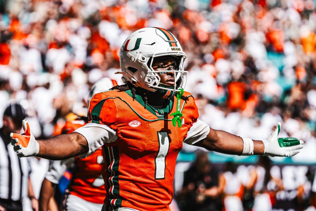 Miami receiver Malachi Toney in the Hurricanes’ throwback uniform against Pitt on October 24, 2026.