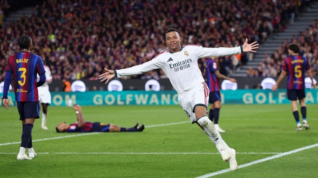 Kylian Mbappé celebrates during Real Madrid’s October 25, 2026 match at Barcelona.