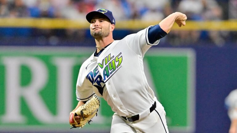 Shane McClanahan delivering a pitch for Tampa Bay against San Diego at Tropicana Field on August 28, 2026.