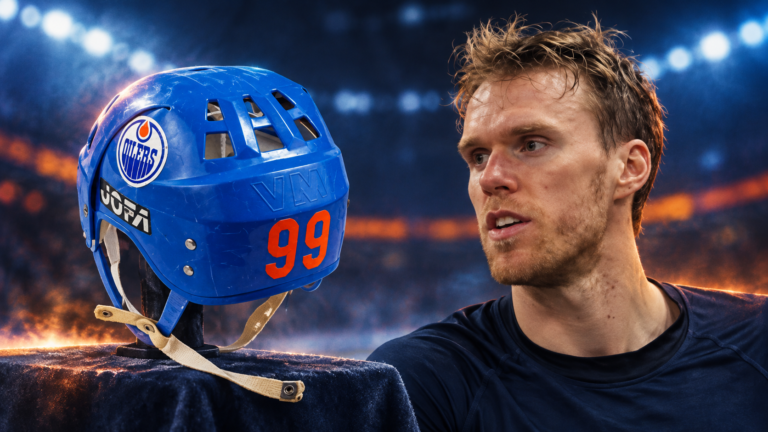 Editorial illustration of Connor McDavid beside Wayne Gretzky’s classic blue Oilers Jofa helmet, with orange 99 on the back.
