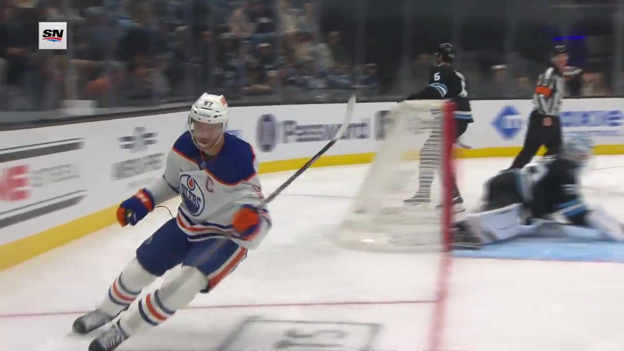 Connor McDavid skates past the Utah net after his second goal against the Mammoth on October 17, 2026.