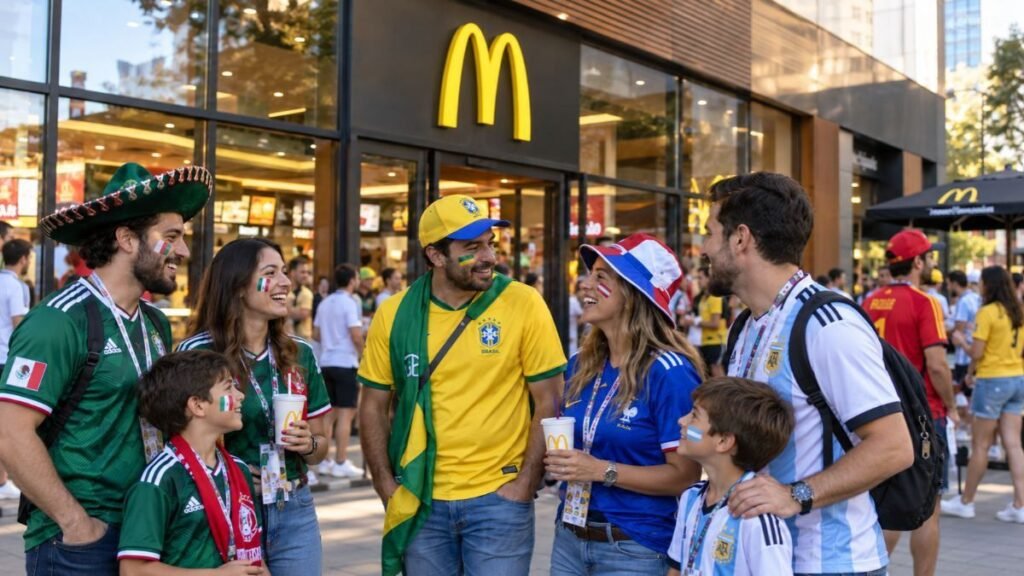 Football supporters gather outside a McDonald’s restaurant.